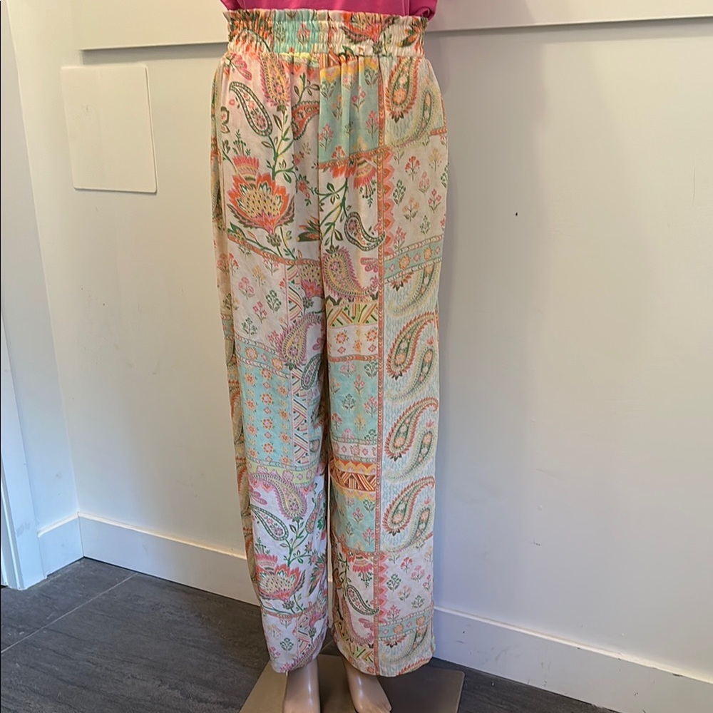 Pink and Orange Wide Leg Pants with Elastic Waistband
